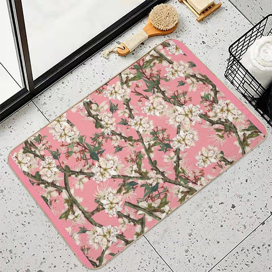 Cherry Blossom On Bright Pink Feminine Print Fade-Resistant Bath Mat