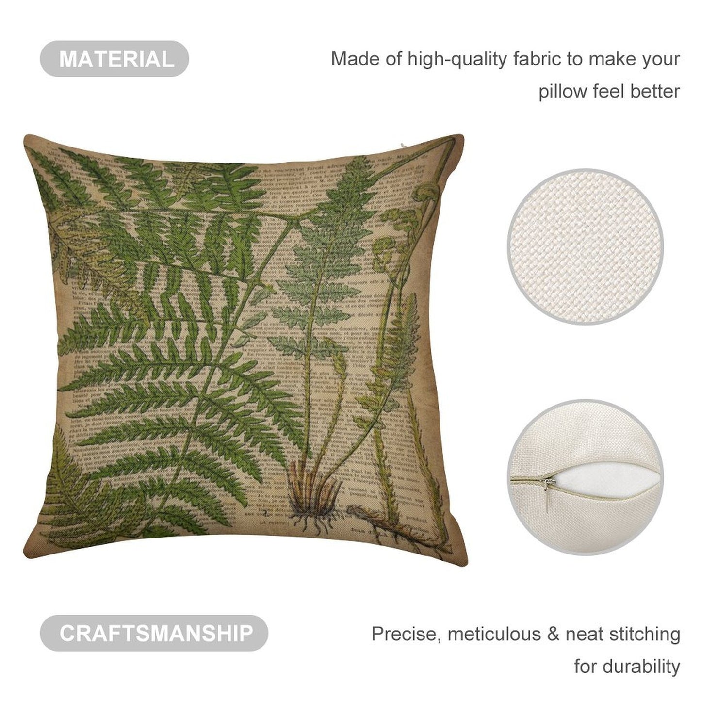 Vintage Foliage Hipster Botanical Print Fern Leaves Linen Throw Pillow Cover