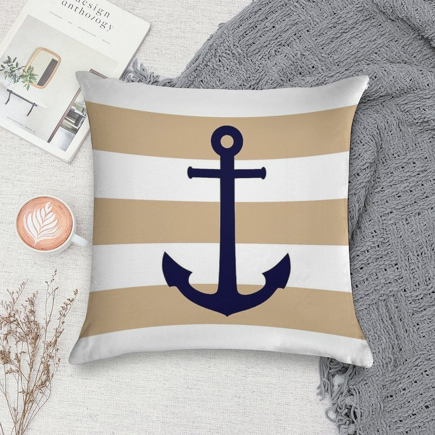 Nautical Navy Blue Anchor On Tropical Tan Stripes Soft Ultra-Soft Texture Throw Pillow