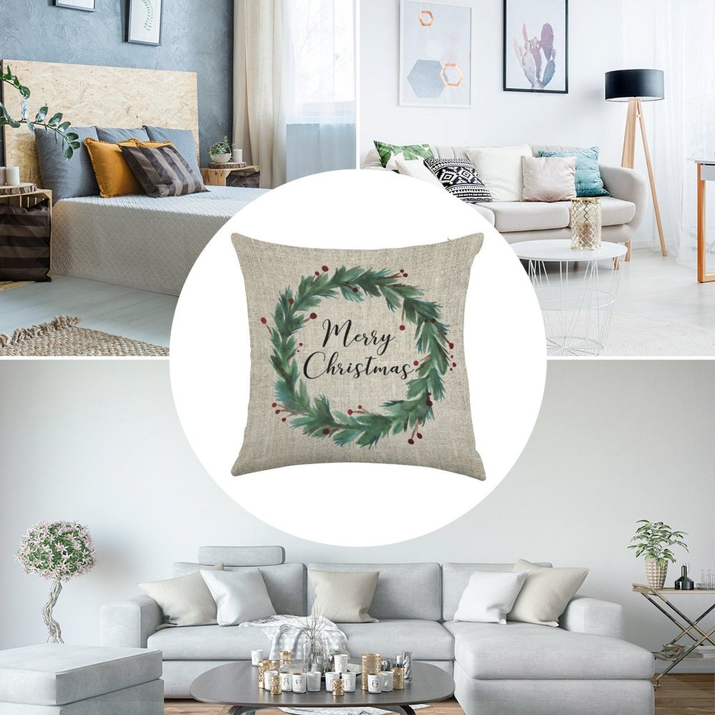 Christmas Wreath Linen Throw Pillow Cover