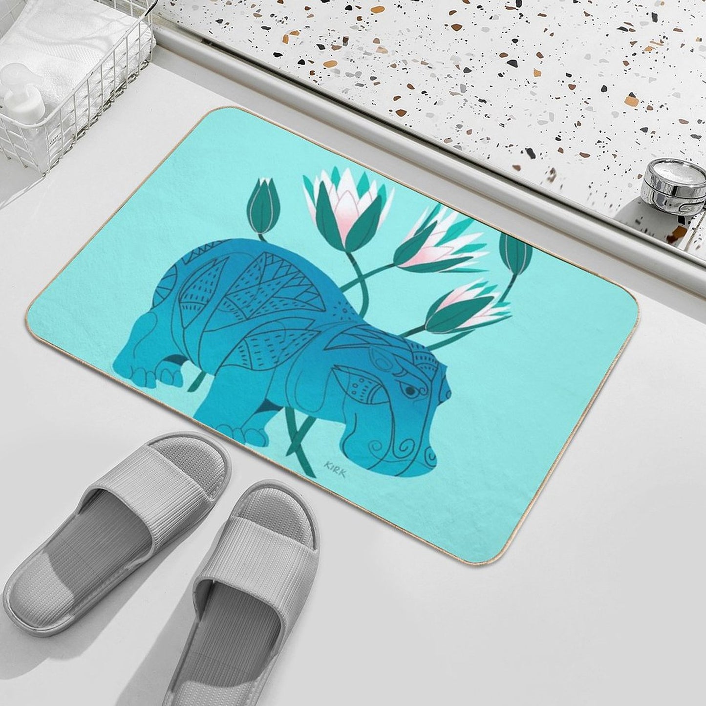 Faience Hippo - Floral Artefacts Bath Mat
