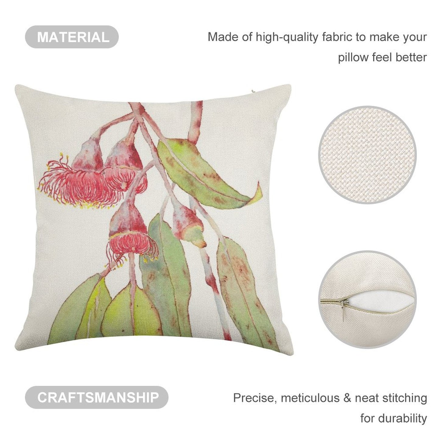 Flowering Silver Princess Eucalyptus Watercolor Linen Throw Pillow Cover