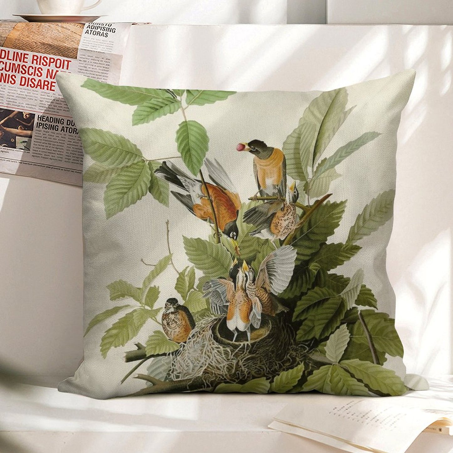 American Robin - John James Audubon Birds of America Linen Throw Pillow Cover