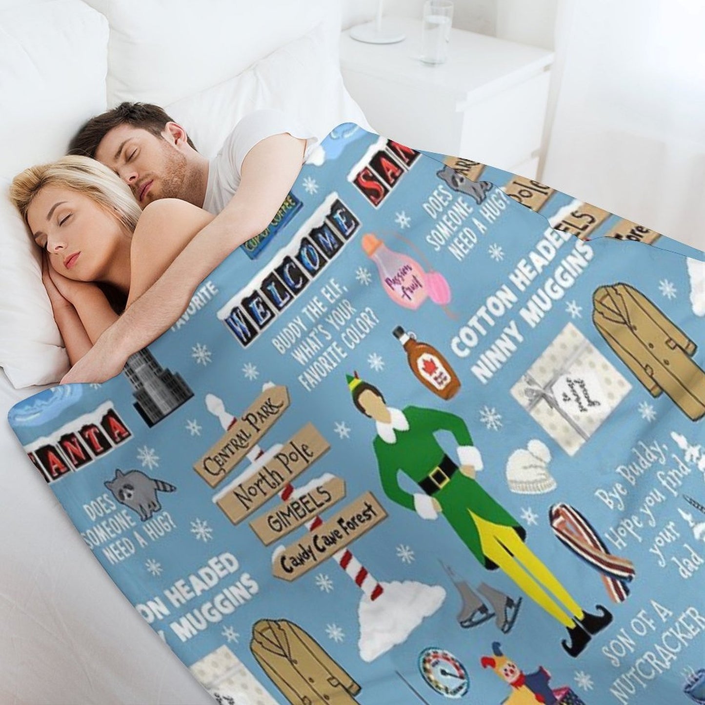Buddy The Elf Collage, Blue Background Throw Blanket