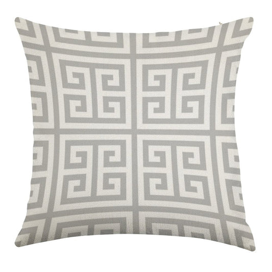 Greek Key Silver Gray And White Pattern Linen Throw Pillow Cover