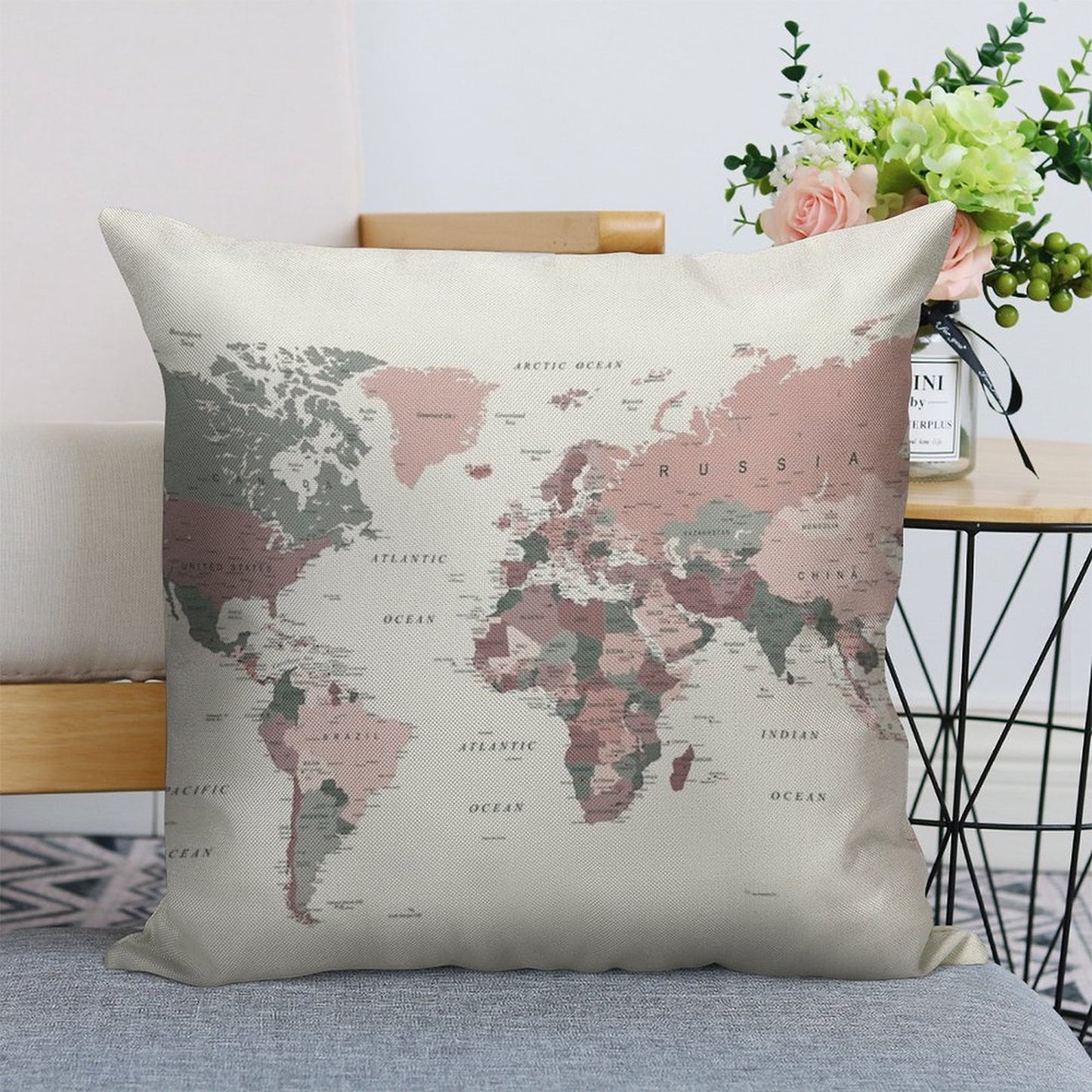 Map of The World in Pink And Green Linen Throw Pillow Cover