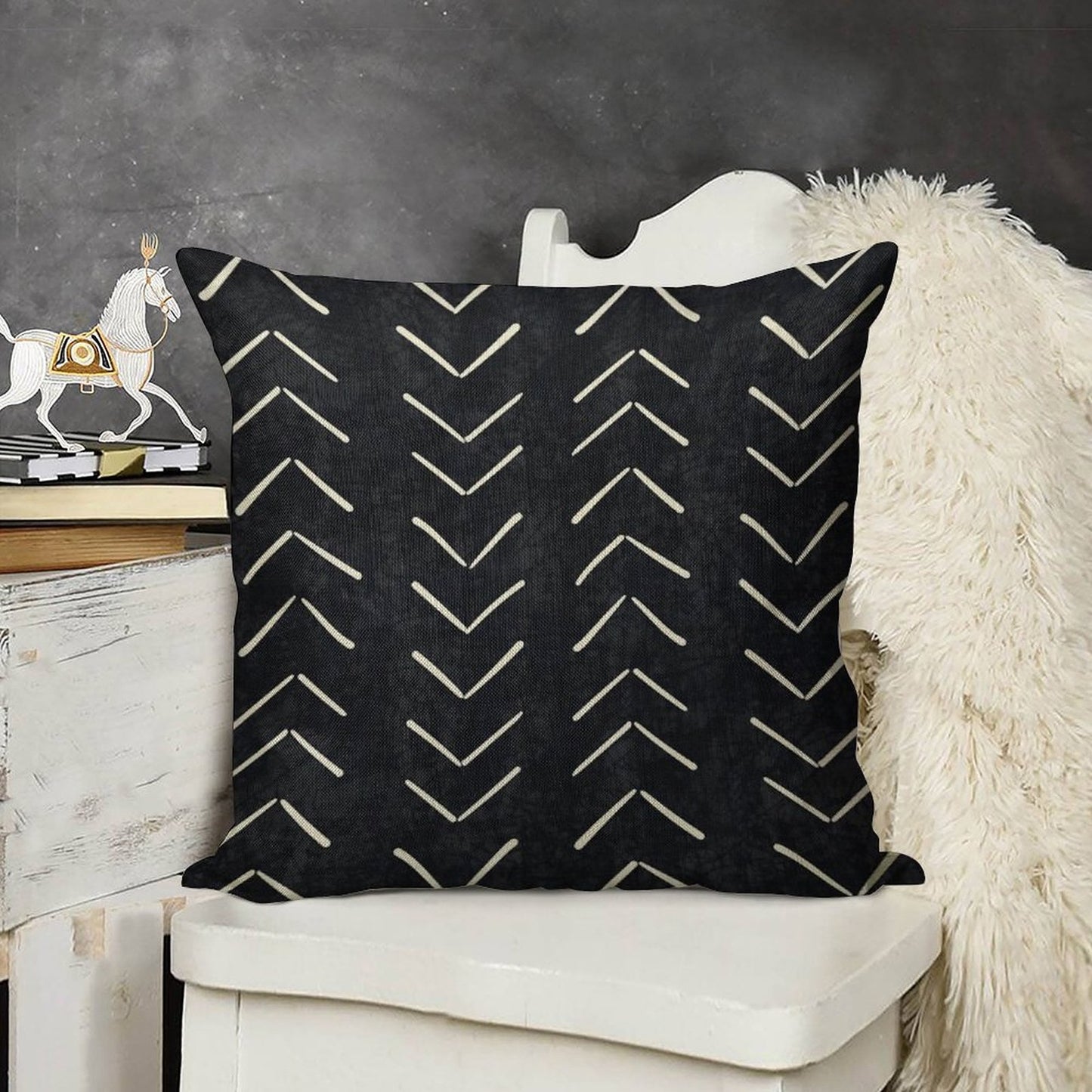 Boho Big Arrows in Black And White Linen Throw Pillow Cover