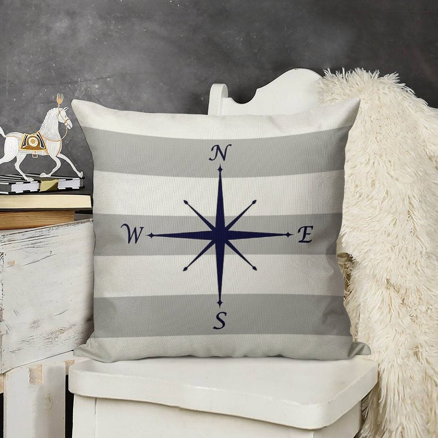 Nautical Navy Blue Compass On Silver Gray And White Stripes Linen Throw Pillow Cover