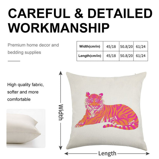 Pink And Orange Tiger Linen Throw Pillow Cover