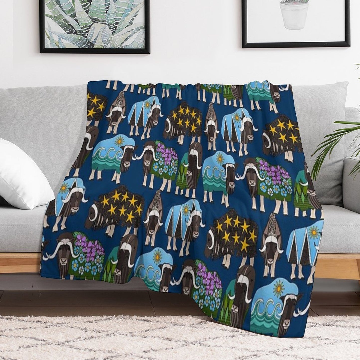 Alaskan Musk Ox Blue Throw Blanket