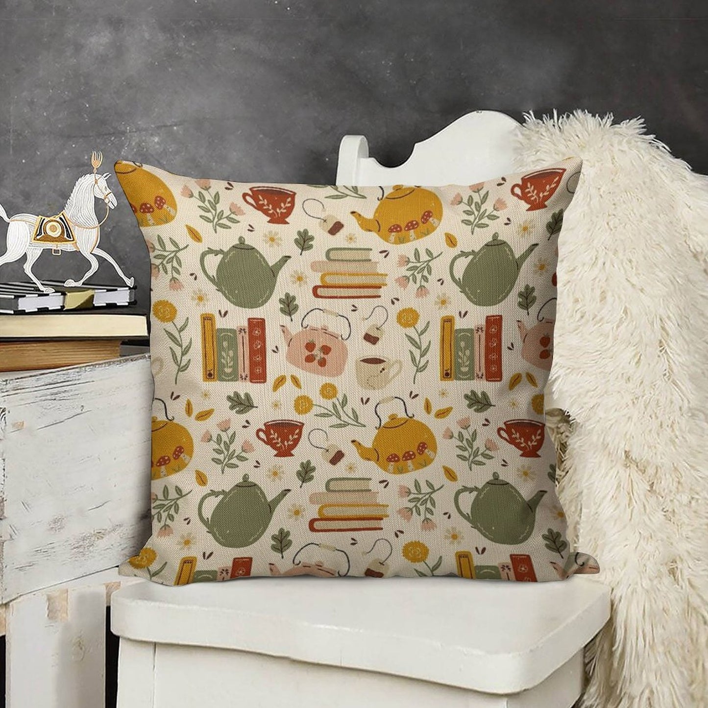 Flowery Books And Tea Linen Throw Pillow Cover