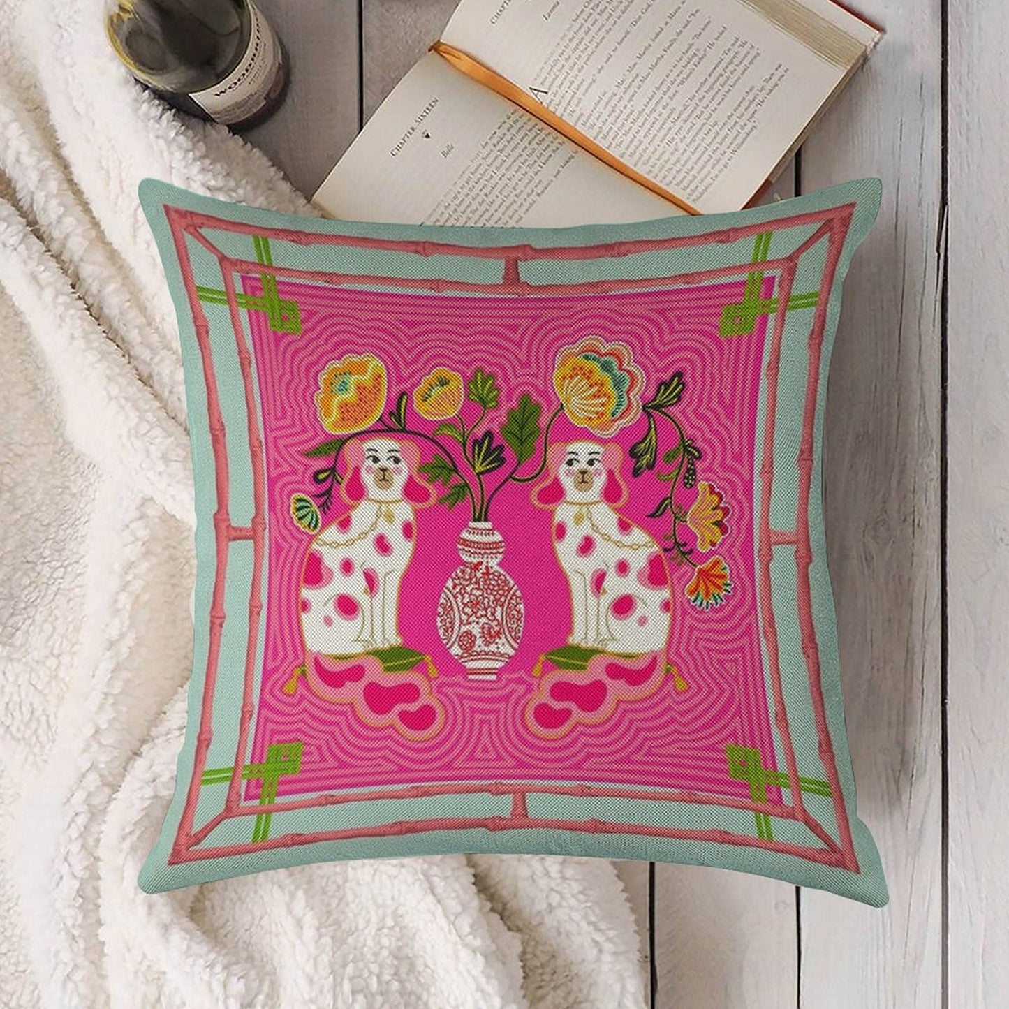 Chinoiserie Staffordshire Pink And Coral Linen Throw Pillow Cover