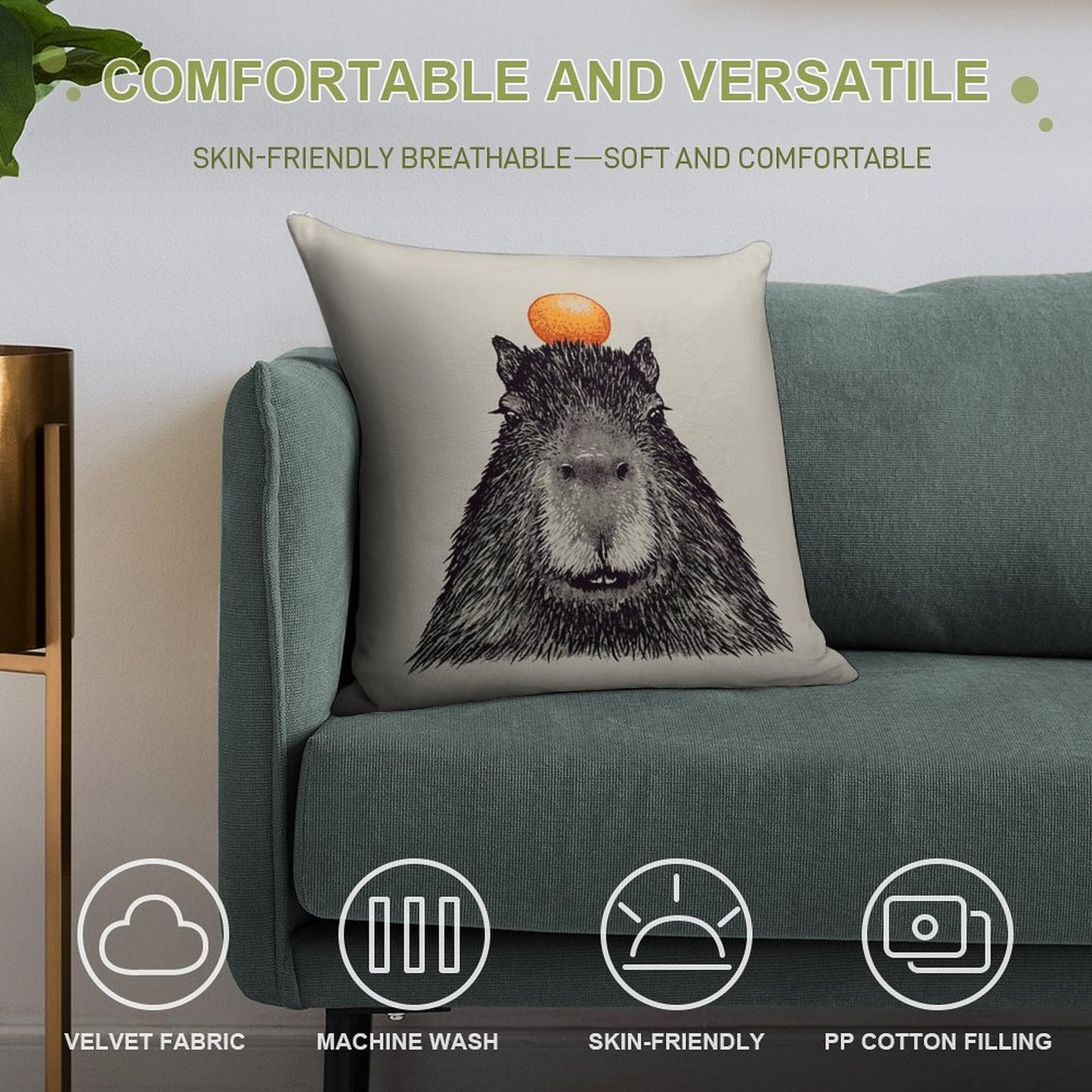 Capybara  Orange  Capy Yuzu  Capybara with Orange on Head  His Name - Gort  Portrait Soft Fade-Resistant Throw Pillow