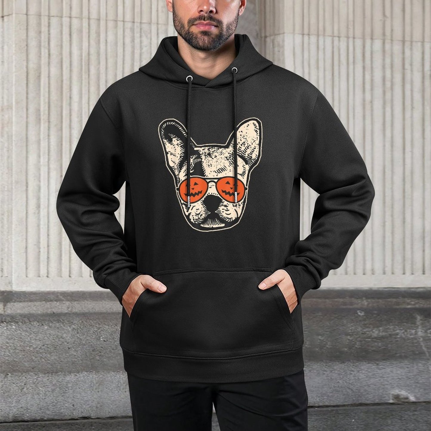 Frenchie in Pumpkin Sunglasses - French Bulldog Halloween Easy Care Hoodie