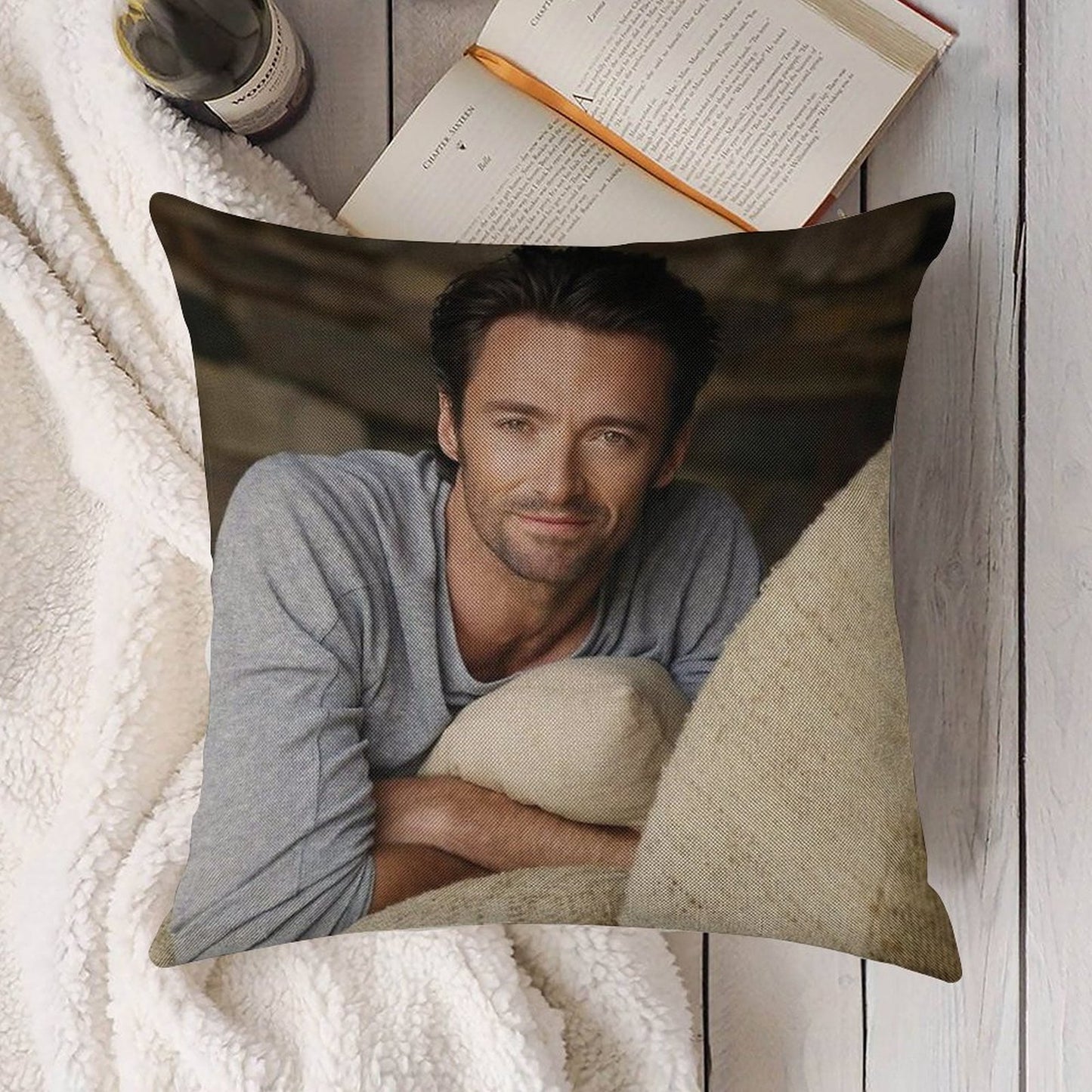 Hugh Jackman Linen Throw Pillow Cover