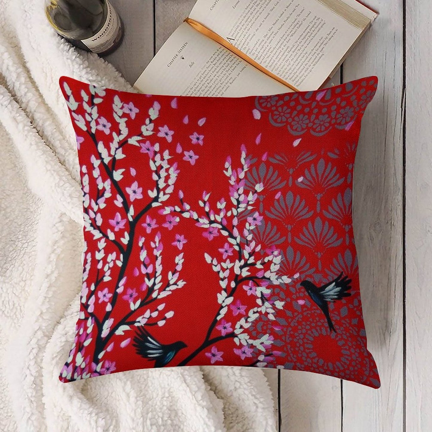 Red Cherry Blossom Linen Throw Pillow Cover