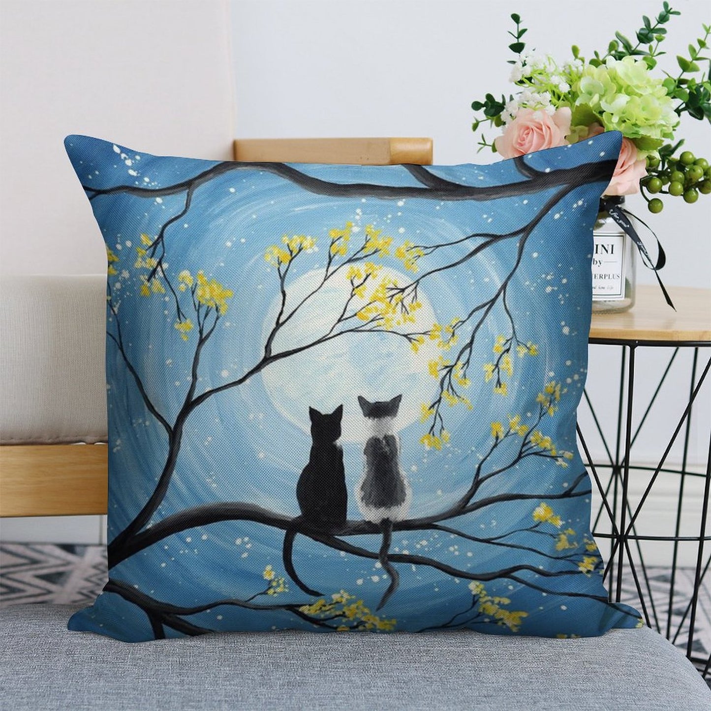 Cats Full Moon Linen Throw Pillow Cover