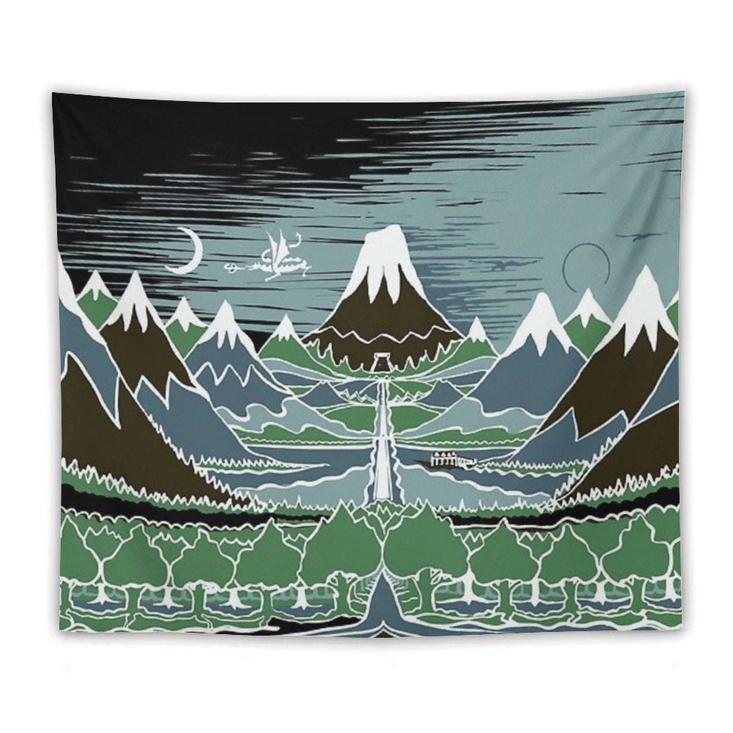 A Halflings Journey on A Mountain Path Through An Elven Wood in The Style of J.R.R.Tolkien Tapestry