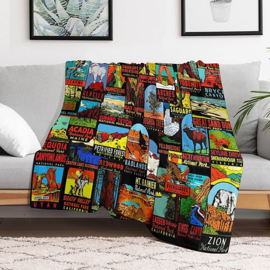 American National Parks Vintage Travel Decal Bomb Throw Blanket