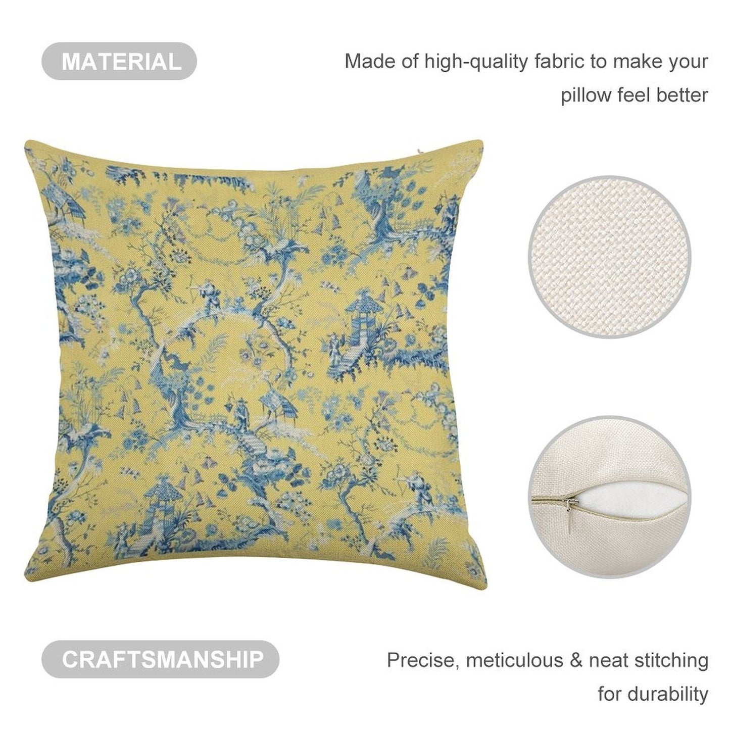 Blue And Yellow Toile Linen Throw Pillow Cover