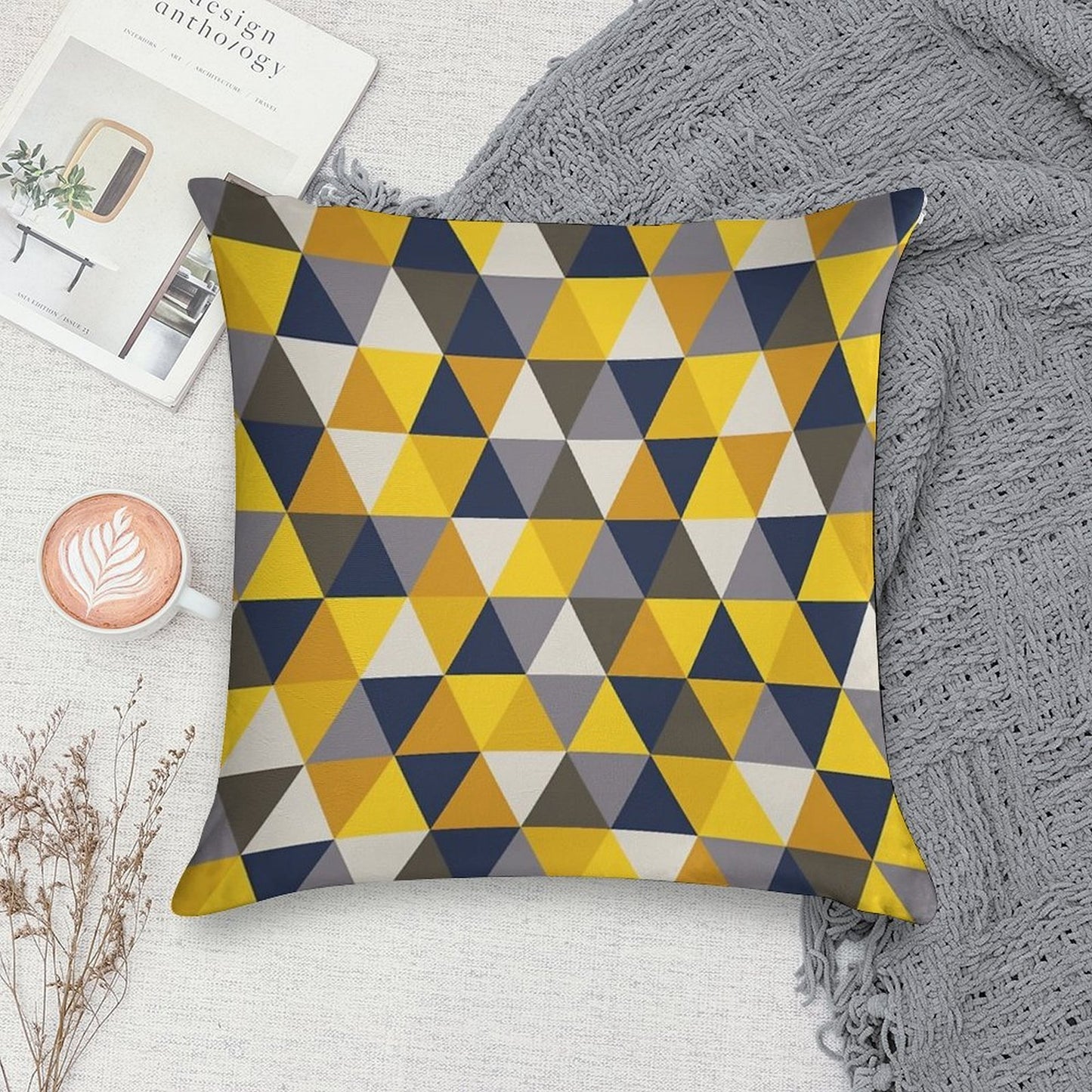 Grey, Blue And Mustard Yellow Geometric Soft Short Plush Fabric Throw Pillow
