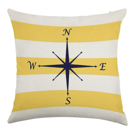 Navy Blue Compass On Mustard Yellow And White Stripes Linen Throw Pillow Cover