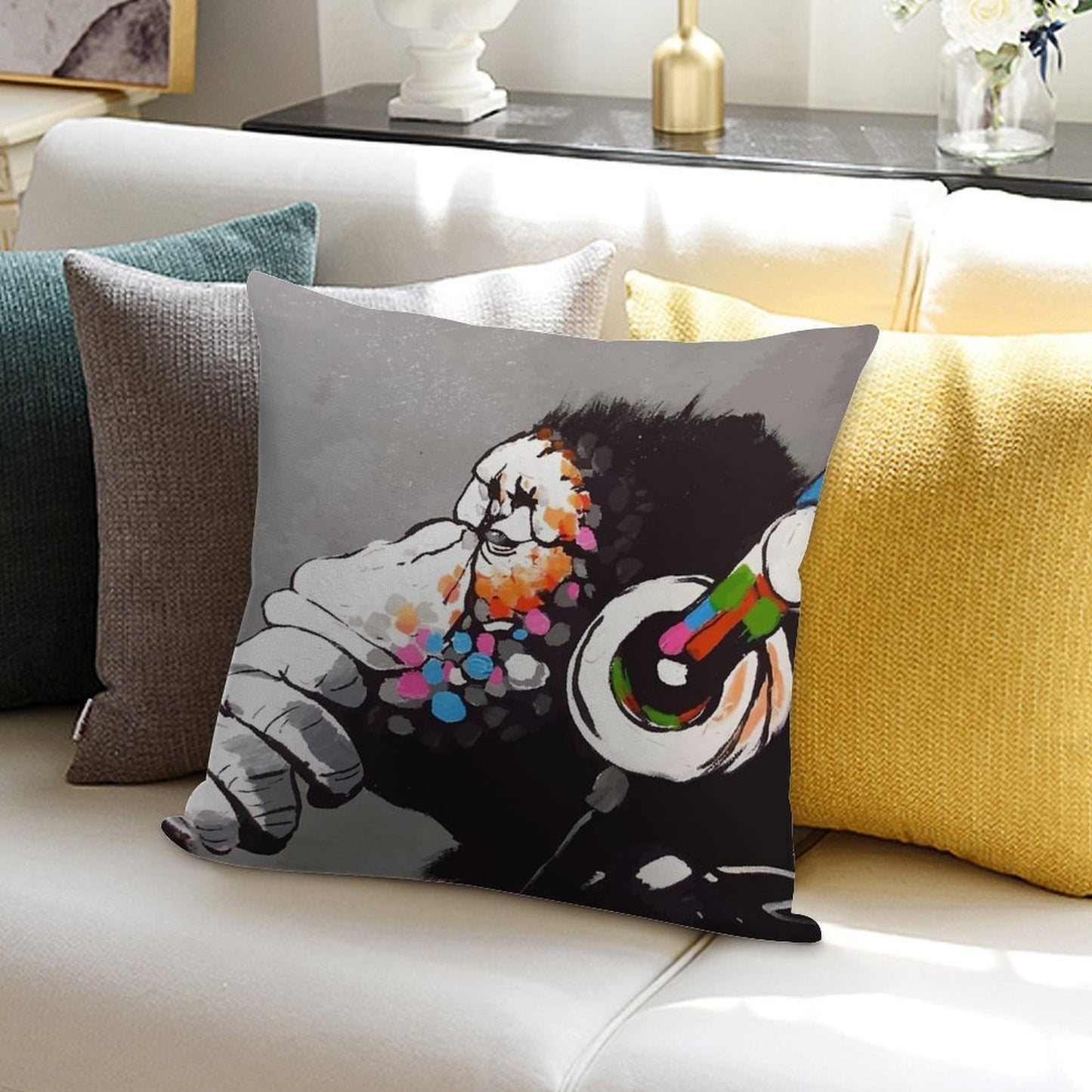 Banksy DJ Monkey Thinker with Headphones Soft Skin-Friendly Throw Pillow