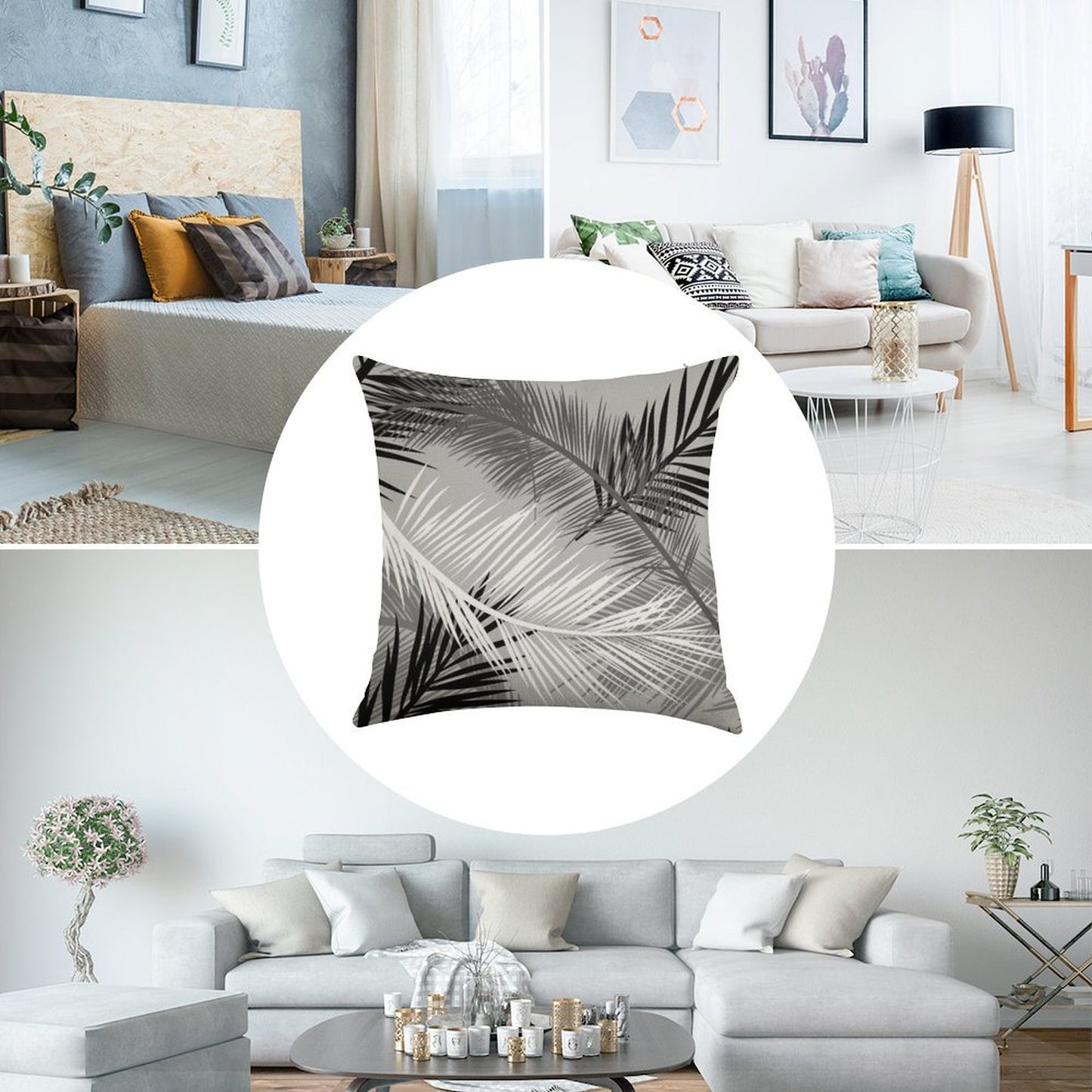 Palm Leaf Print, Gray, Black And White Linen Throw Pillow Cover