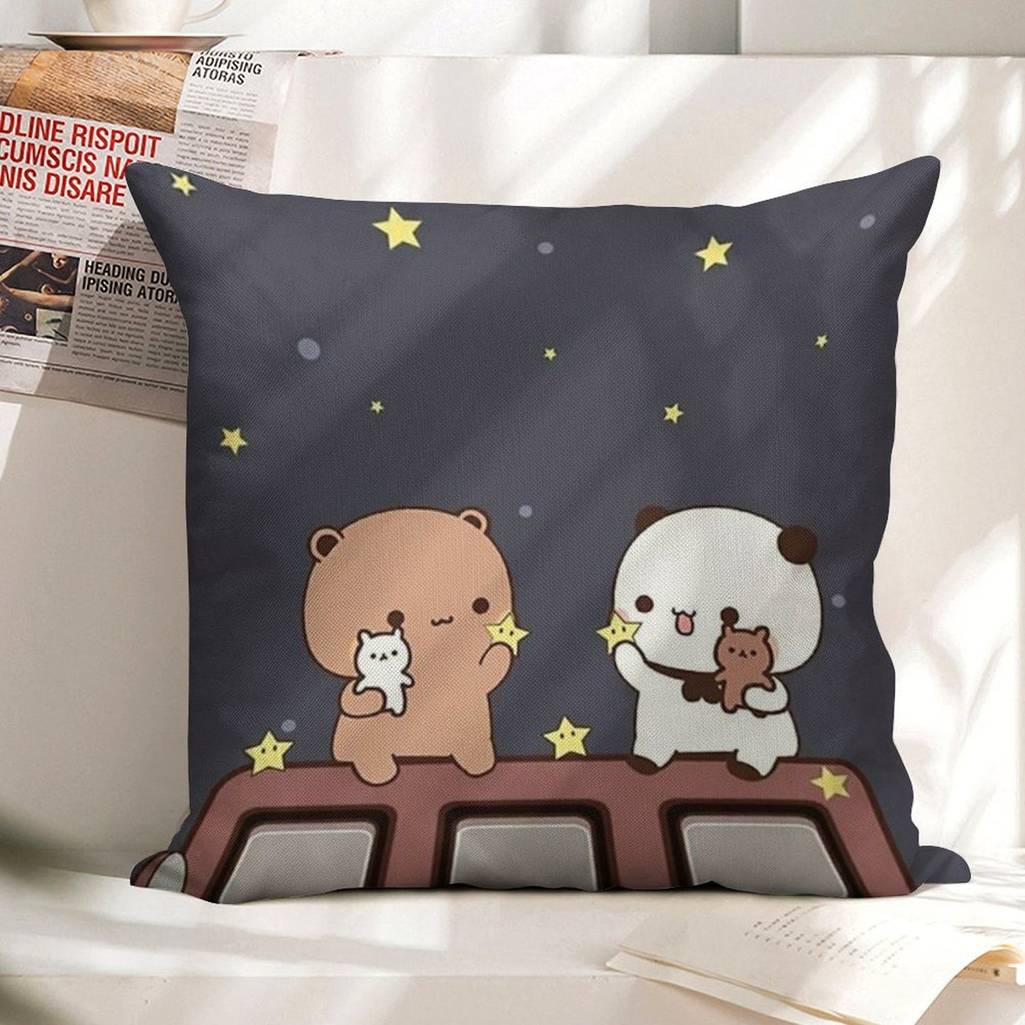 Bubu And Dudu Watching The Moon Together Linen Throw Pillow Cover