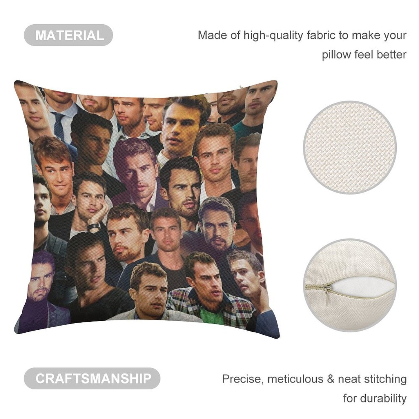 Theo James Photo Collage Linen Throw Pillow Cover