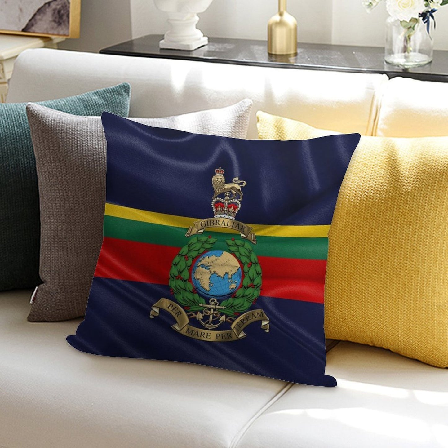 Royal Marines - RM Badge over Royal Marine Flag Soft High-Density Material Throw Pillow