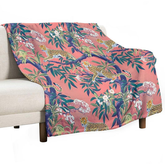 Leopards in Chinoiserie Garden in Blue And Orange Throw Blanket