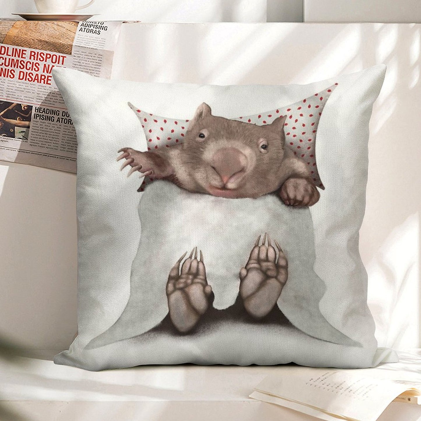 Wombat in Bed Linen Throw Pillow Cover