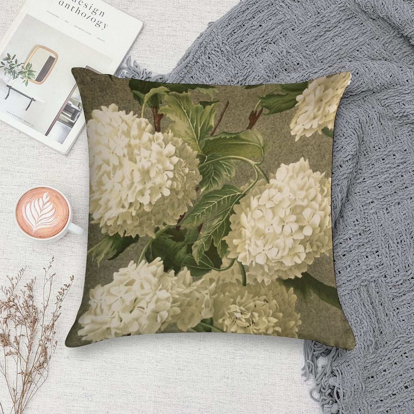 Vintage Victorian White Hydrangea Floral Soft High-Density Material Throw Pillow