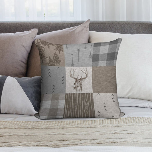 Deer Patchwork - Rustic Neutrals Soft Warmth Comfort Throw Pillow