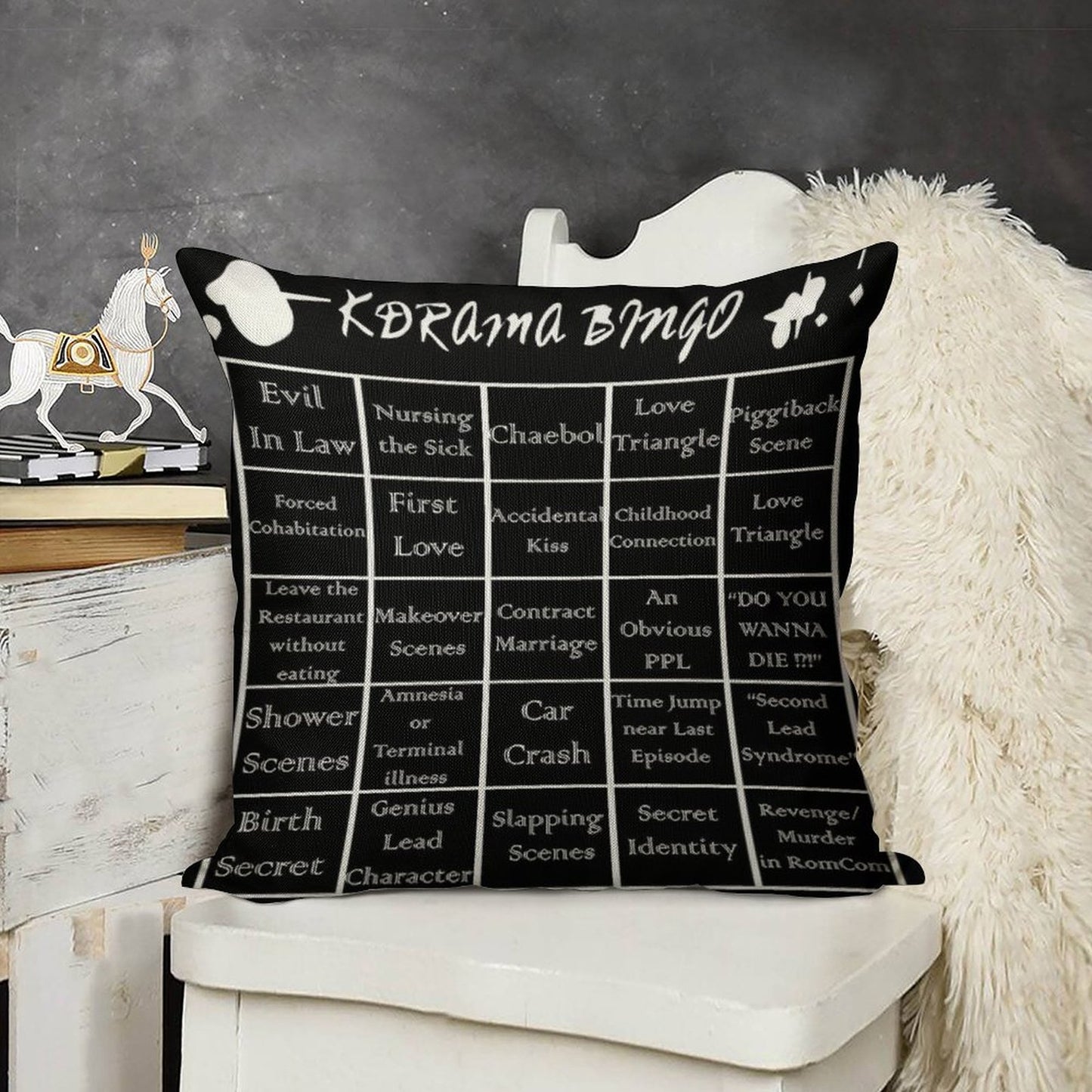 Korean Drama Bingo Linen Throw Pillow Cover