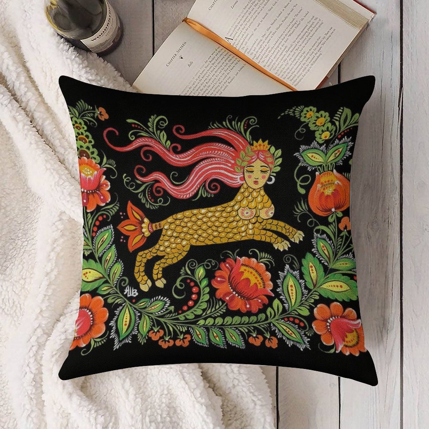 Magical Creature Folk Art (Lamia) Linen Throw Pillow Cover