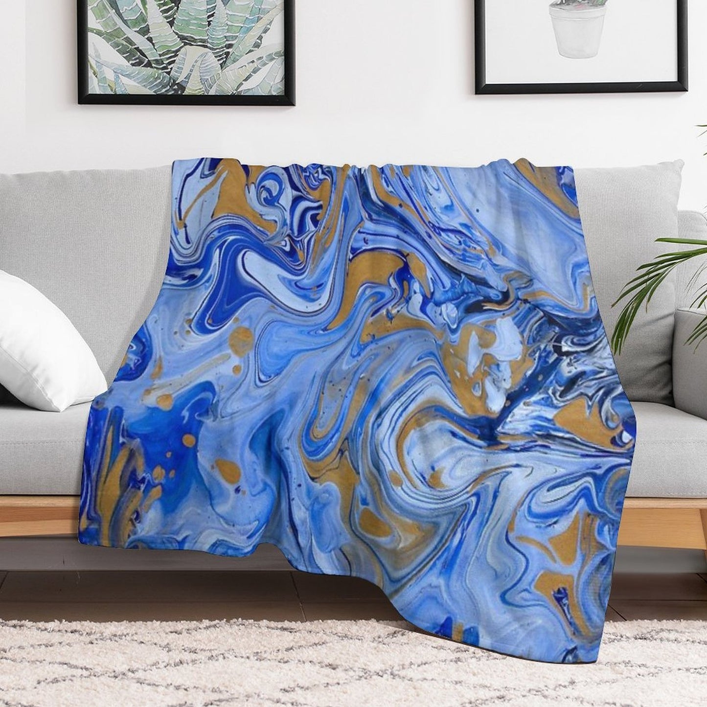 Blue And Gold Sky Swirl Acrylic Painted Art Throw Blanket