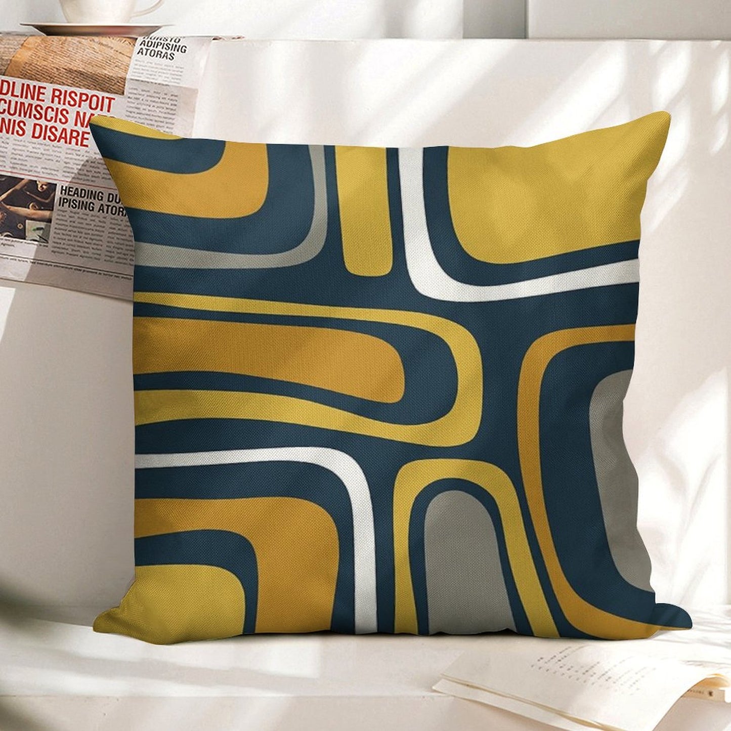 Palm Springs Mid-Century Modern Abstract Pattern in Light And Dark Mustard, Gray, And White on Navy Blue Linen Throw Pillow Cover