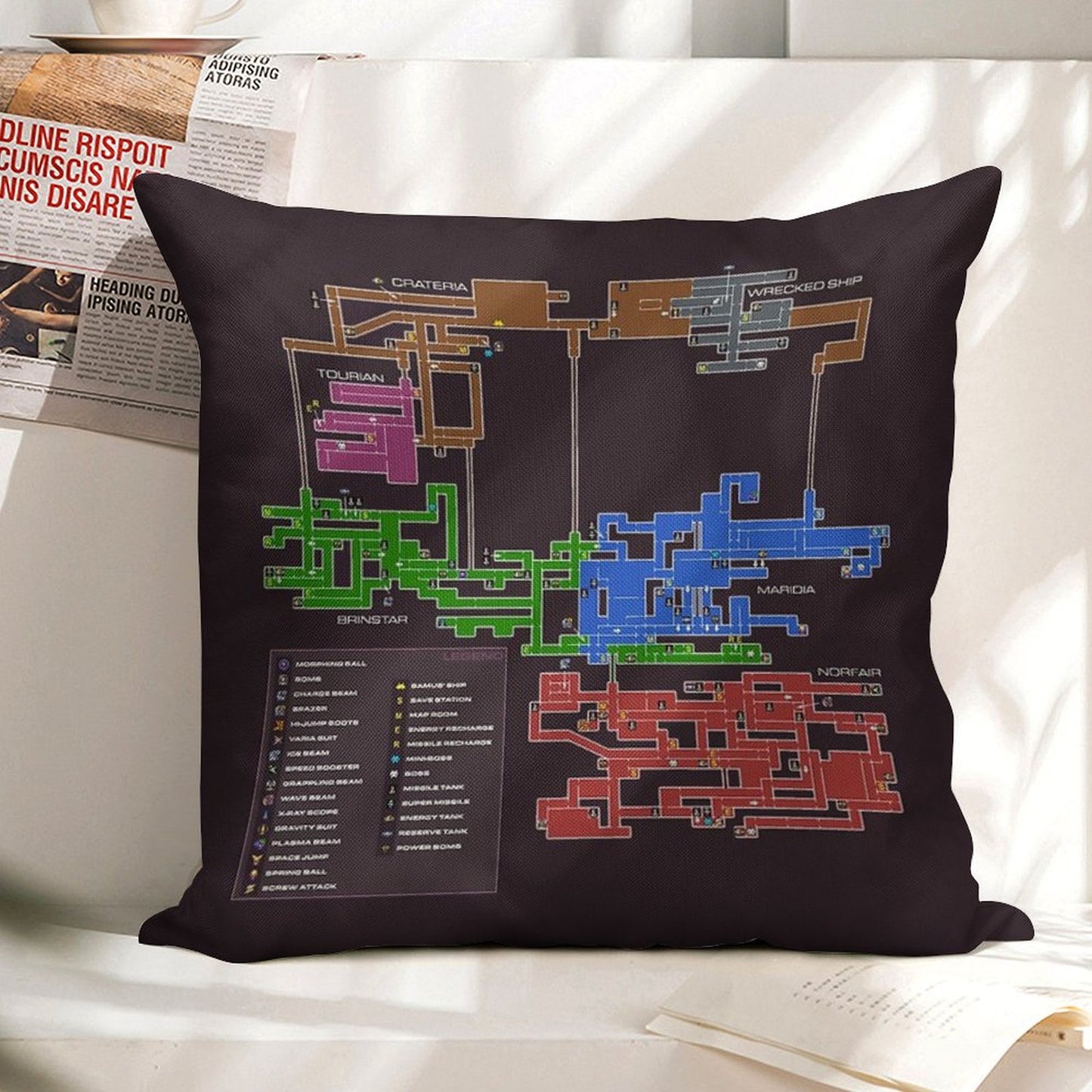 Super Metroid Map Linen Throw Pillow Cover