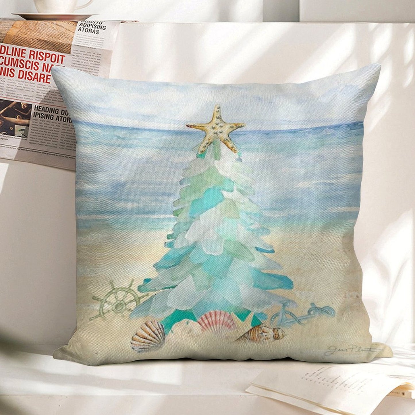 Coastal Seaglass Christmas Tree B Linen Throw Pillow Cover