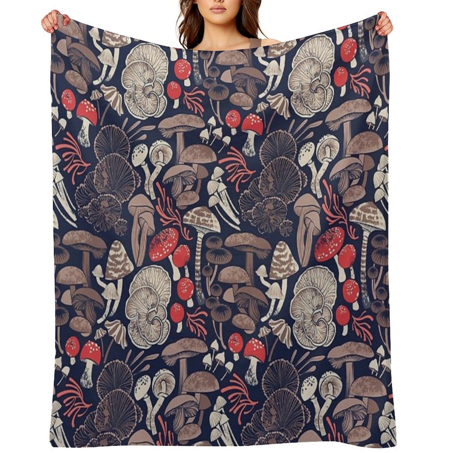 Mystical Fungi Midnight Blue Background Brown Red And Coral Wild Mushrooms Throw Blanket