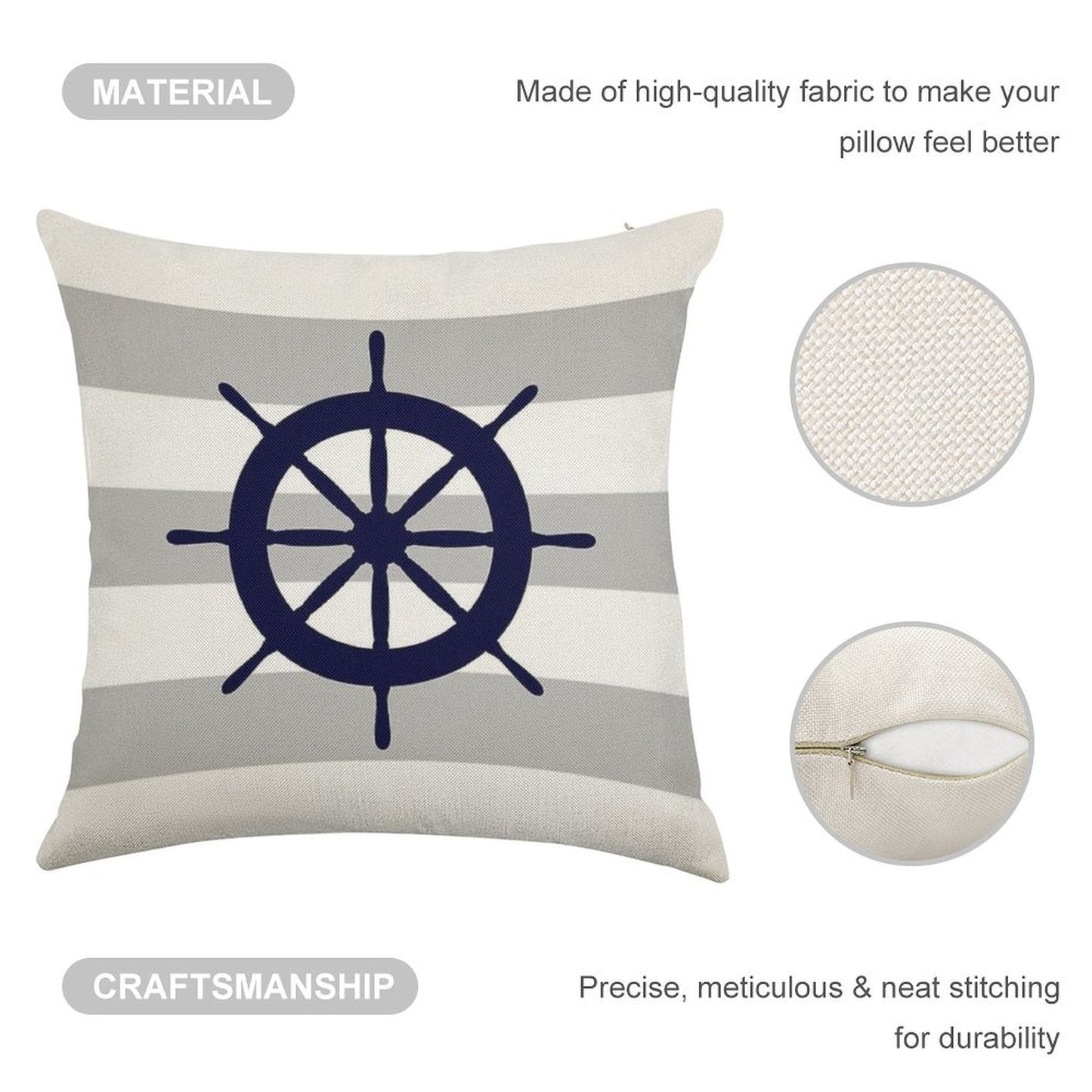 Nautical Navy Blue Ship's Steering Wheel On Silver Gray Stripes Linen Throw Pillow Cover