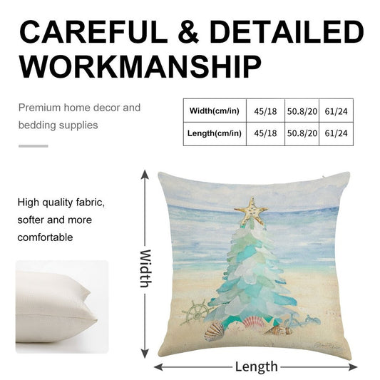 Coastal Seaglass Christmas Tree B Linen Throw Pillow Cover