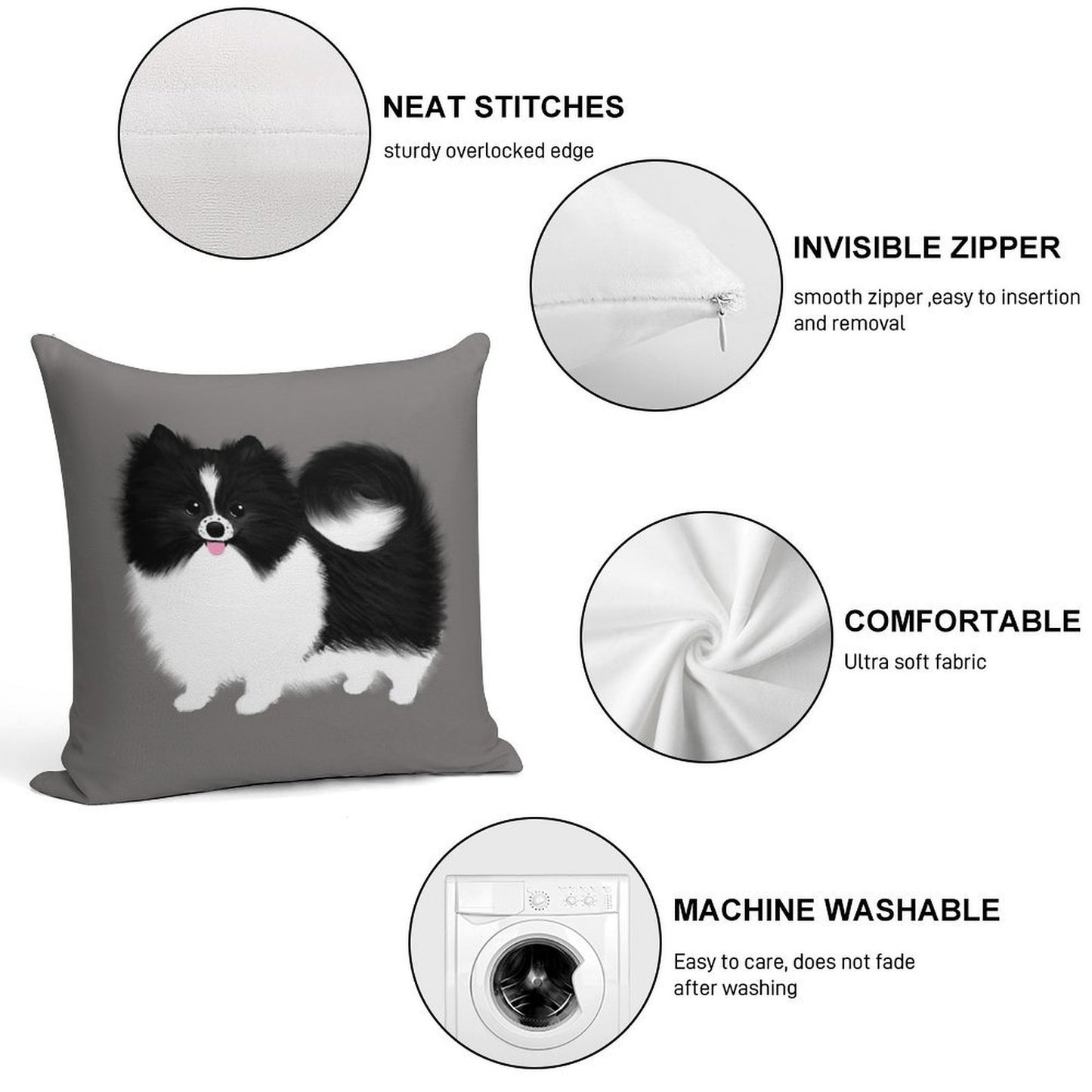 Black And White Parti Pomeranian  Cute Black And White Fluffy Dog Soft Luxury Feel Throw Pillow