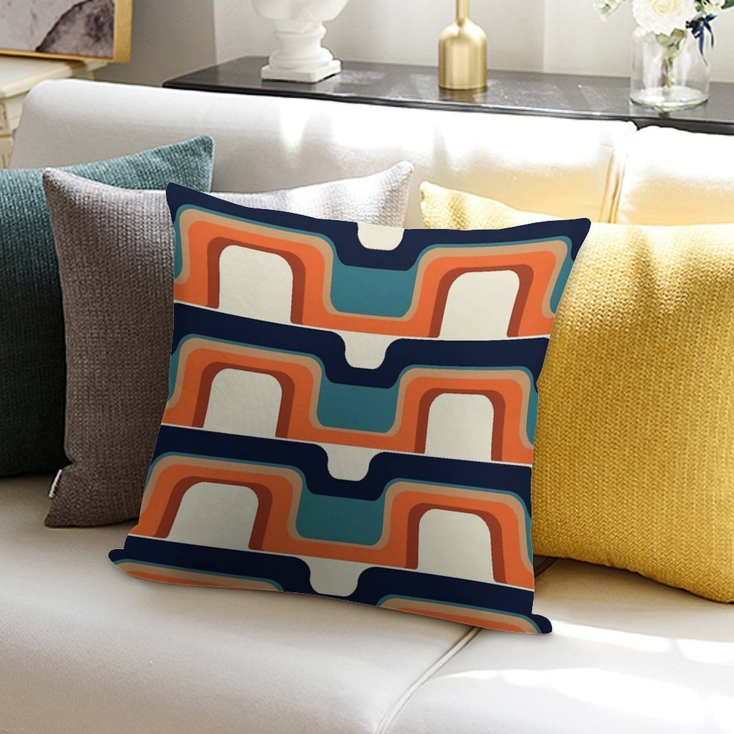 Mid-Century Modern Meets 1970s Orange & Blue Soft Short Plush Fabric Throw Pillow