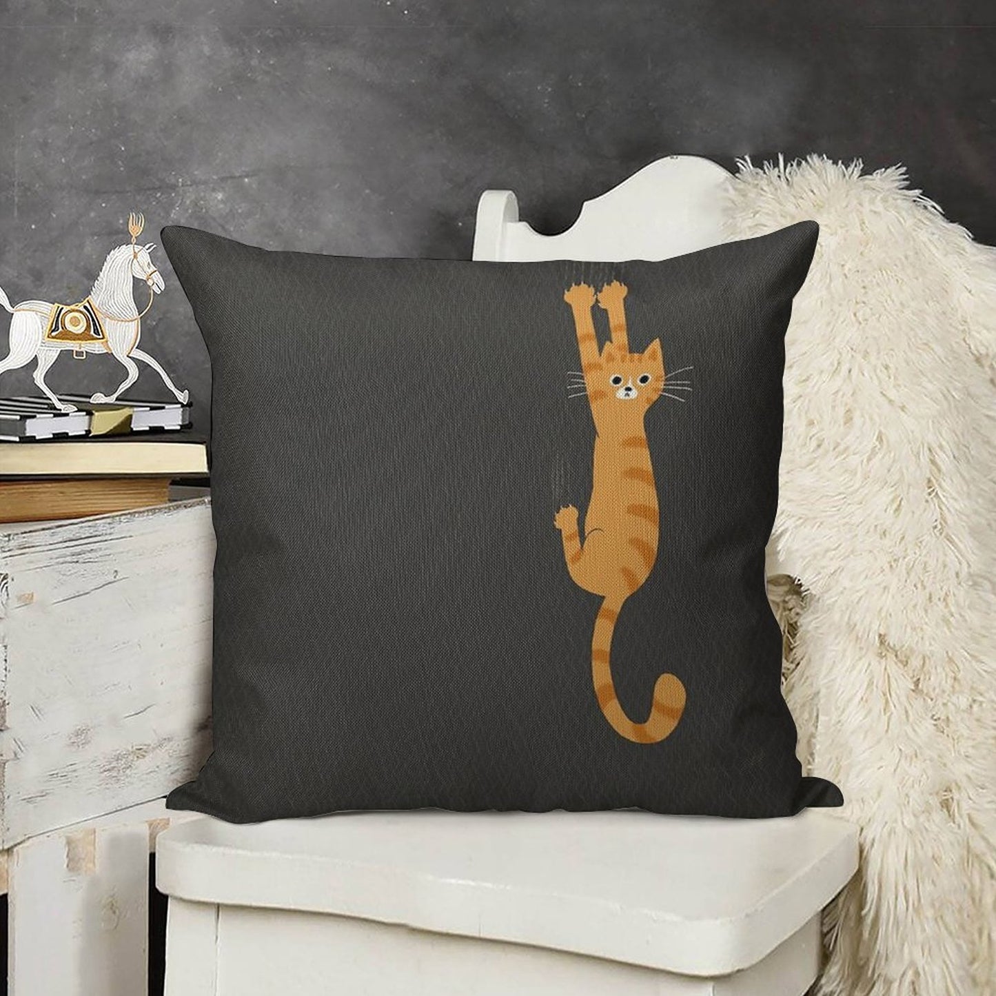 Orange Tabby Cat Hanging On  Funny Striped Cat Linen Throw Pillow Cover
