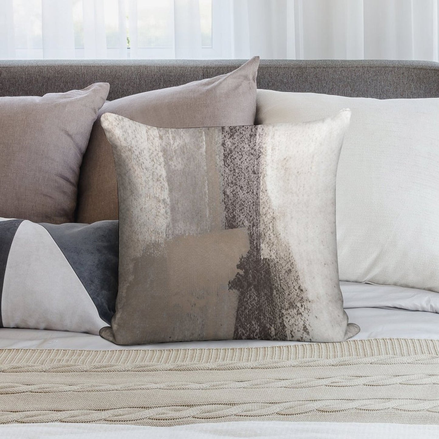 Taupe And Charcoal Grey Modern Abstract Painting Soft High-Density Material Throw Pillow