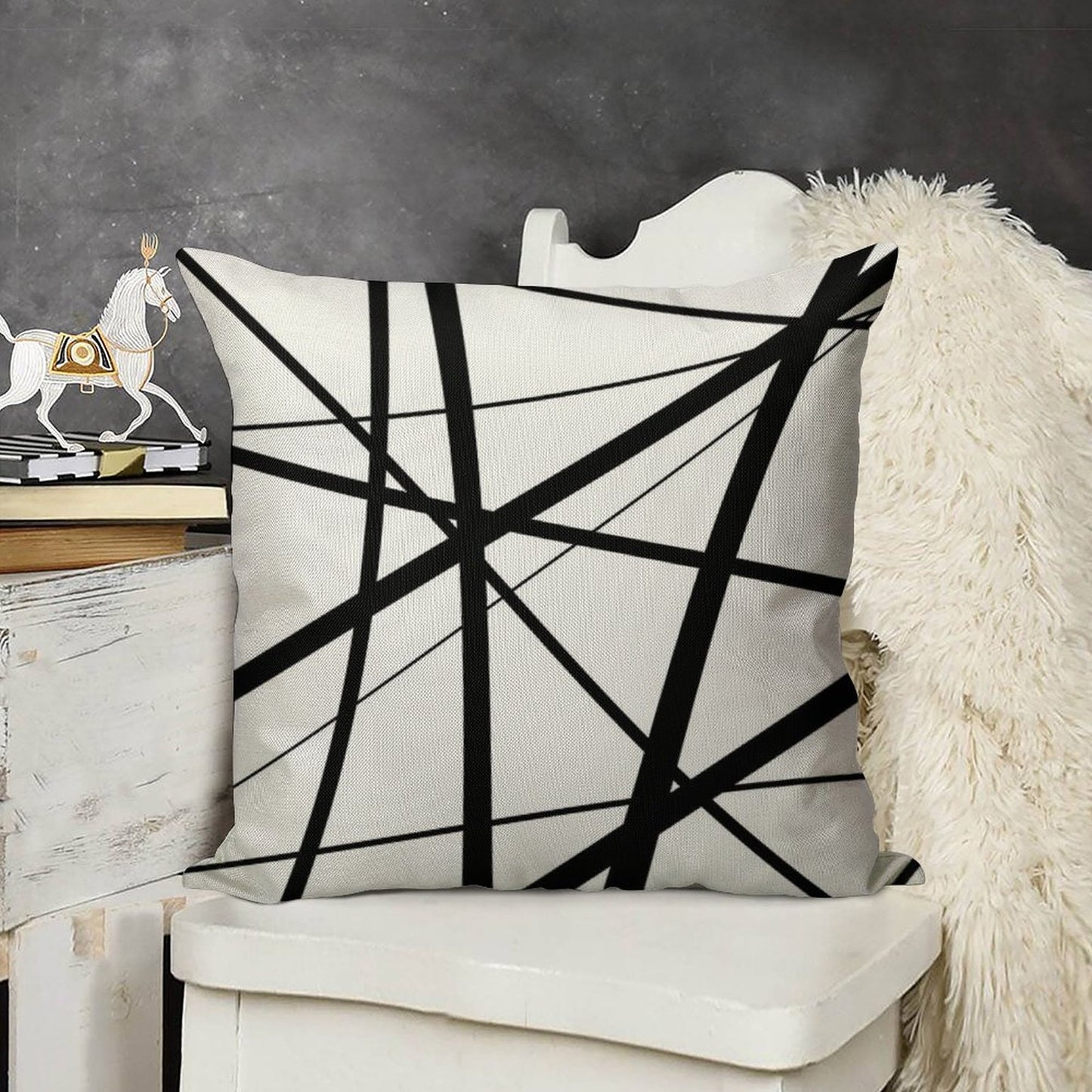 Black And White Geometric Lines Linen Throw Pillow Cover