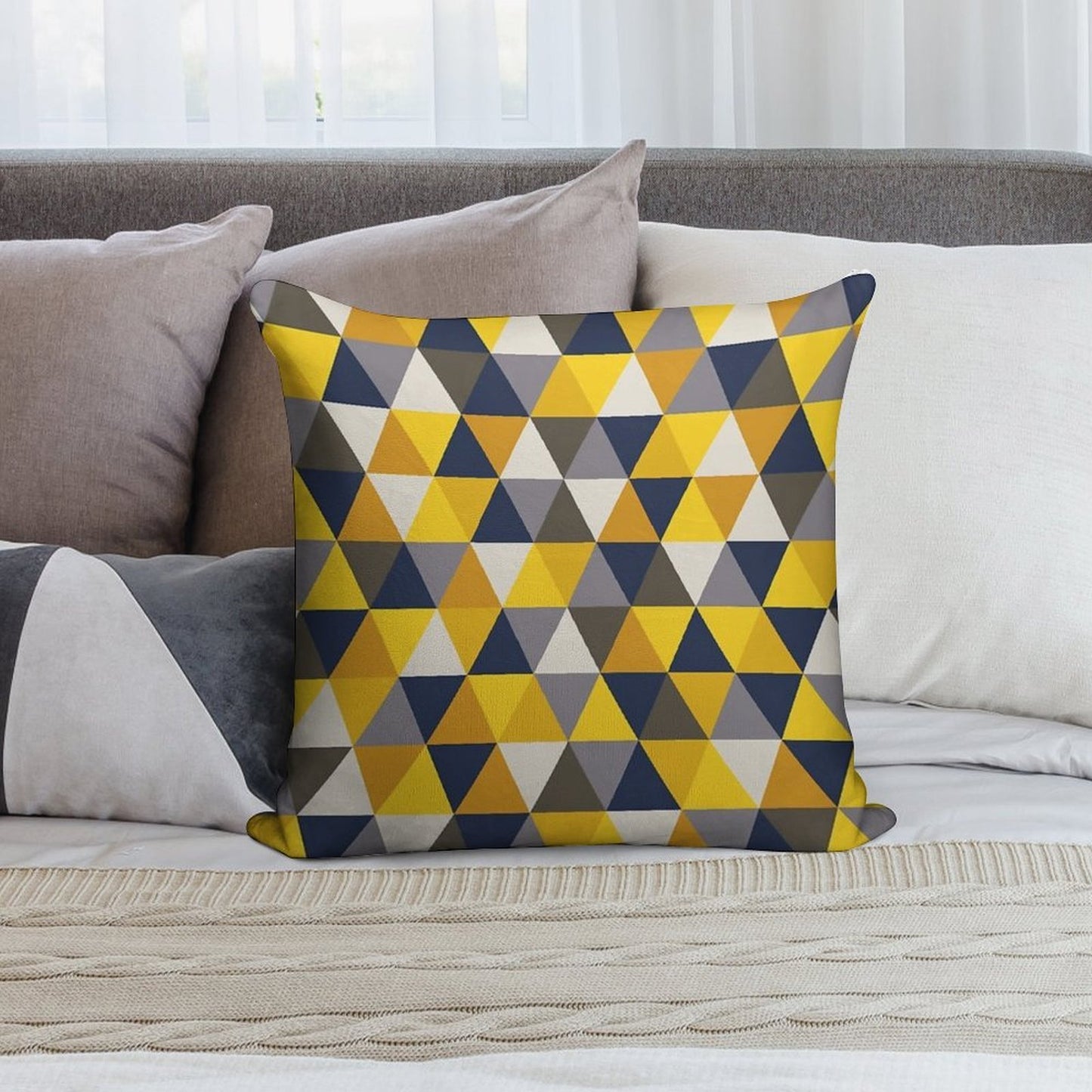 Grey, Blue And Mustard Yellow Geometric Soft Short Plush Fabric Throw Pillow